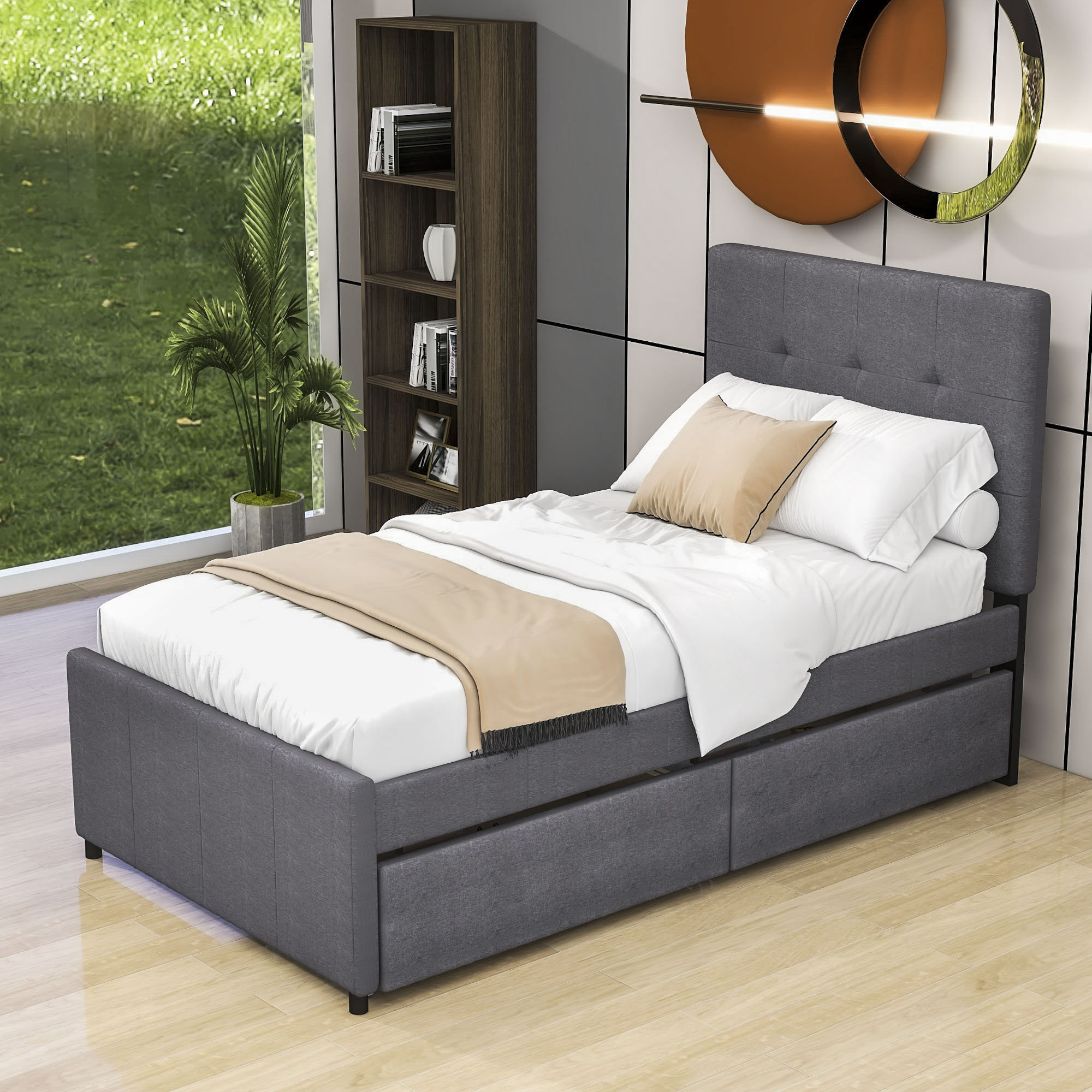 Latitude Run Twin Size Linen Upholstered Platform Bed With Headboard and Two Drawers Wayfair